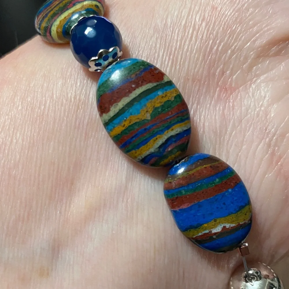 Natural genuine Rainbow Calsillica gemstone artisan Beaded 7.5” Bracelet